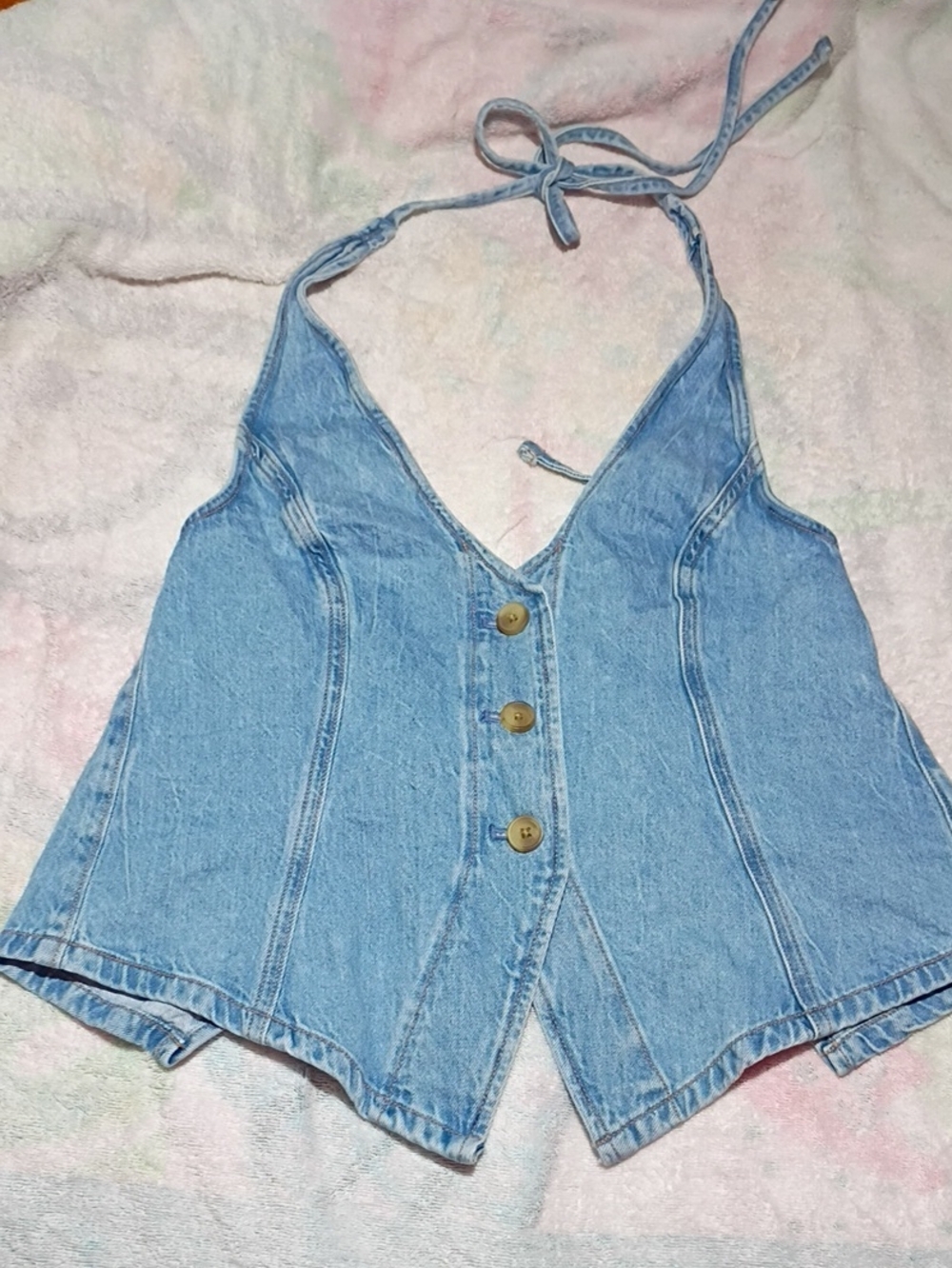 American Eagle Outfitters Light Blue Denim Halter Button-Front Crop Top